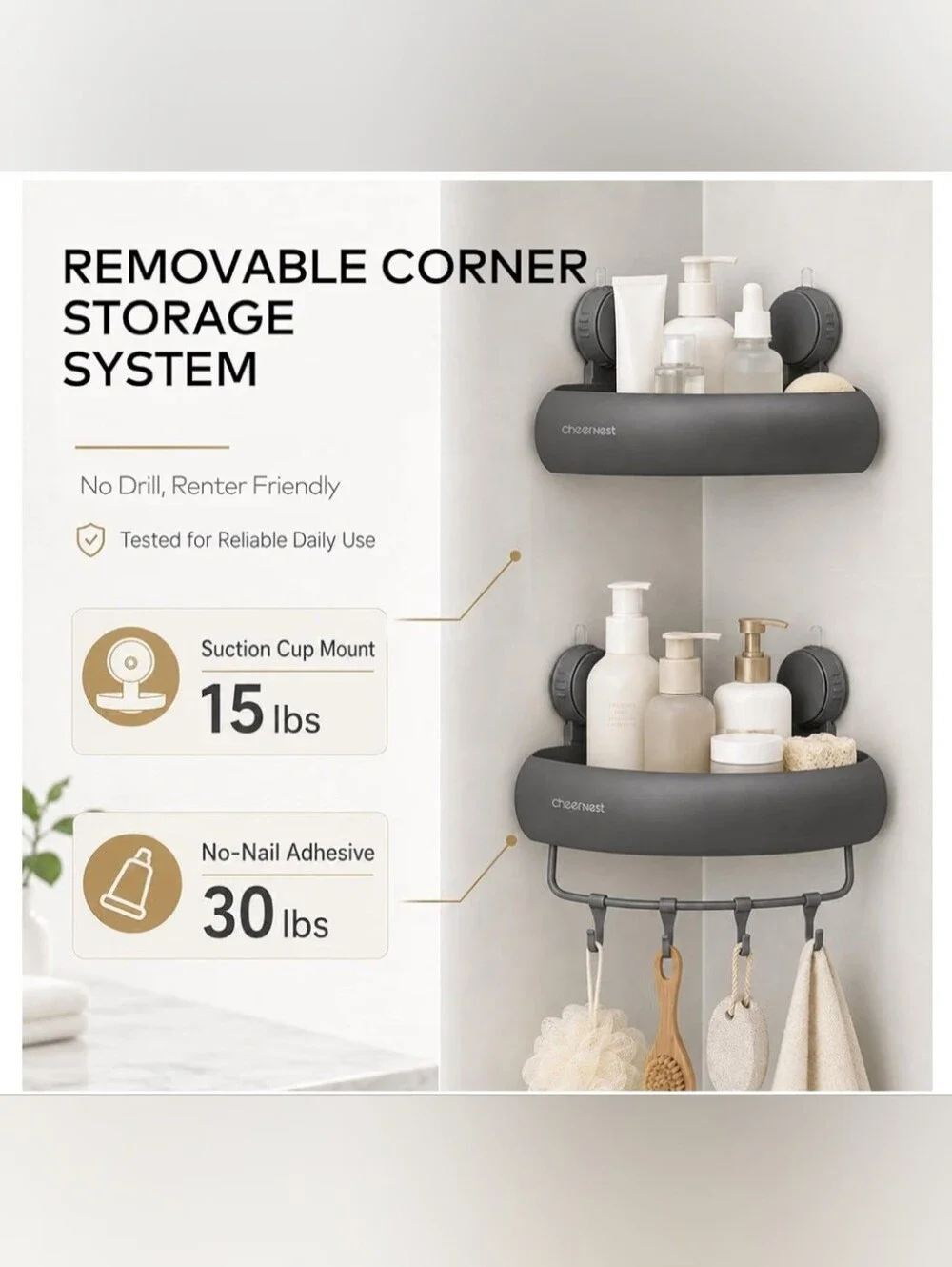 Gray Suction Shower Caddy Organizer - Wall Mounted Bathroom Shelf